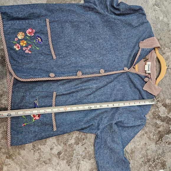 Vintage Button Up Denim Jacket Gingham Trim & Floral Embroidery Cottagecore - Picture 5 of 9